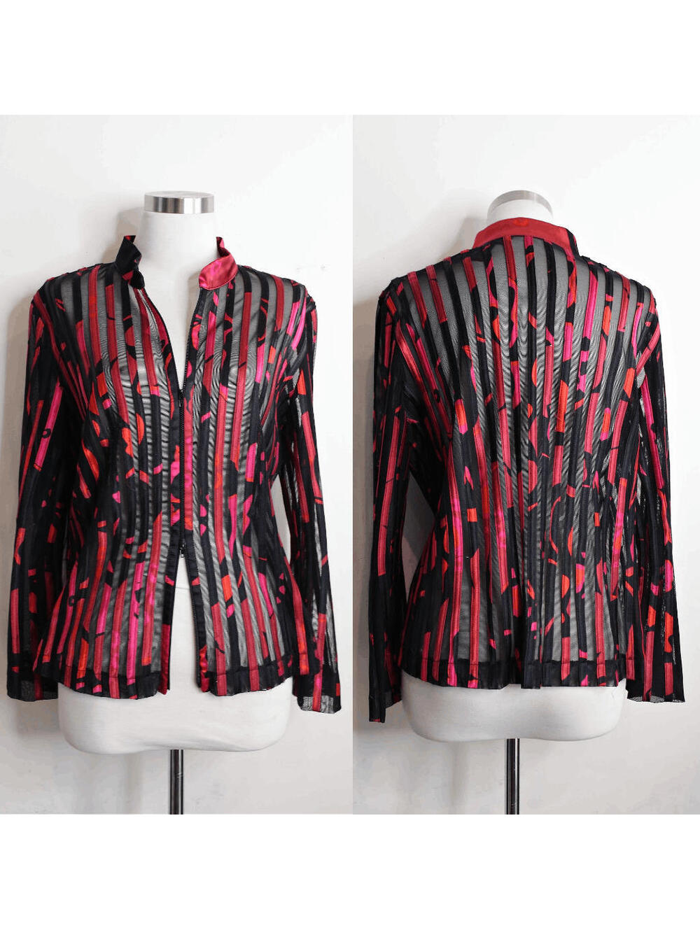 VTG Sexy Black Mesh Red Pink Abstract Piping Zip Up Blouse - M